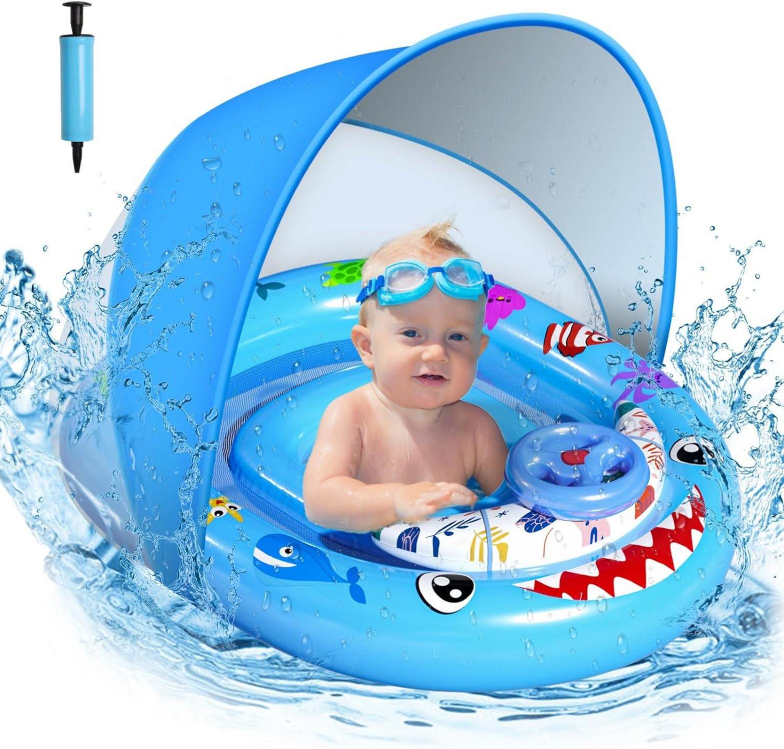 Schwimmring Baby mit Sonnendach und Spielzeug UPF50+ Blau
