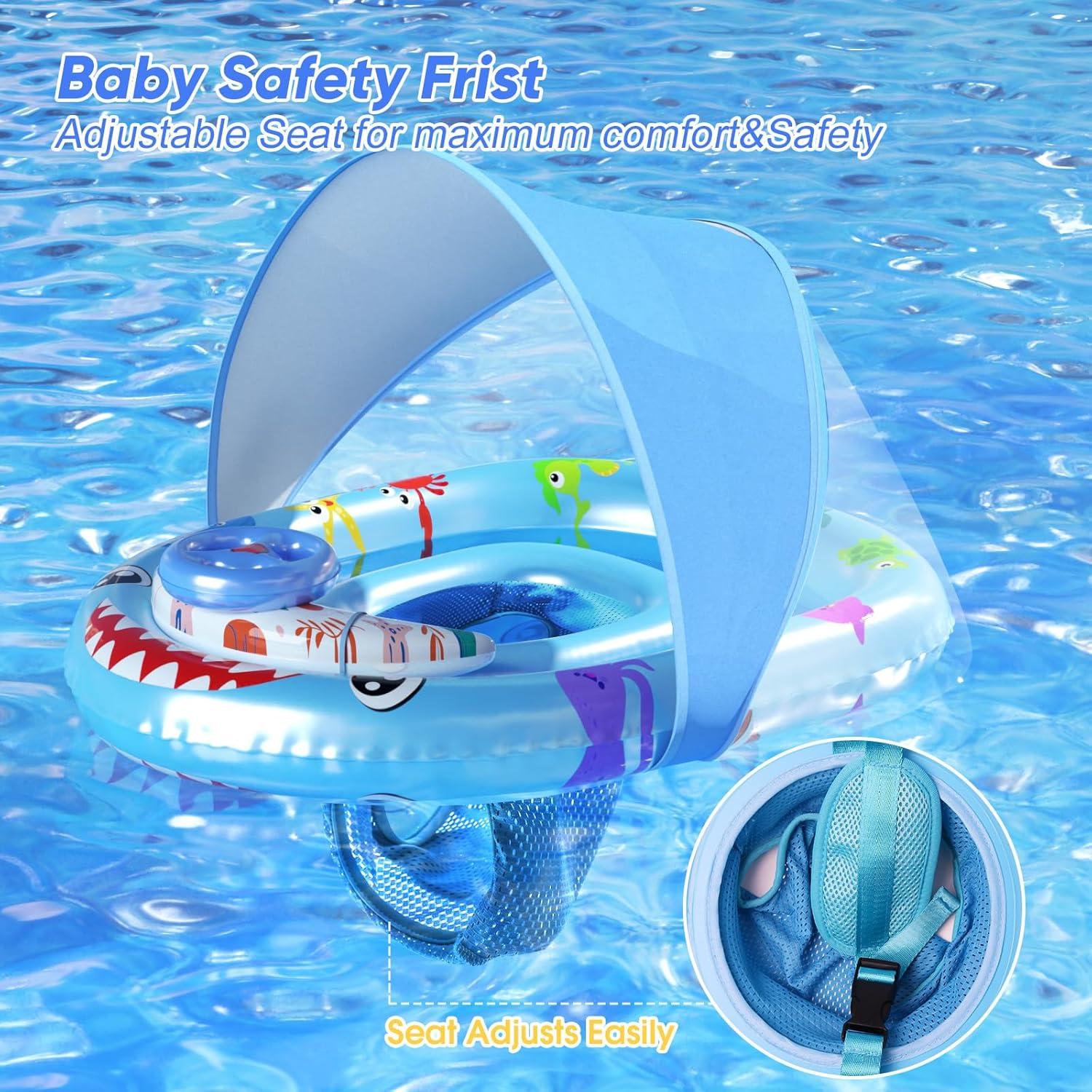 AUYLE Schwimmring Baby mit Sonnendach und Spielzeug, UPF50+ Sonnenschutz, Blau