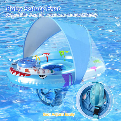 AUYLE Schwimmring Baby mit Sonnendach und Spielzeug, UPF50+ Sonnenschutz, Blau