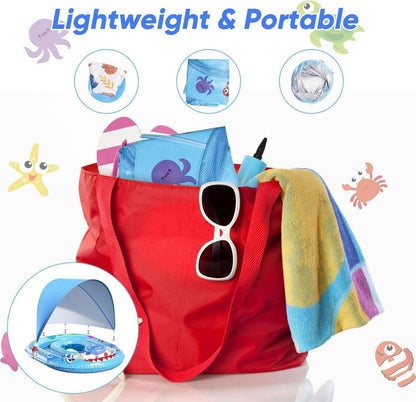 AUYLE Schwimmring Baby mit Sonnendach und Spielzeug, UPF50+ Sonnenschutz, Blau