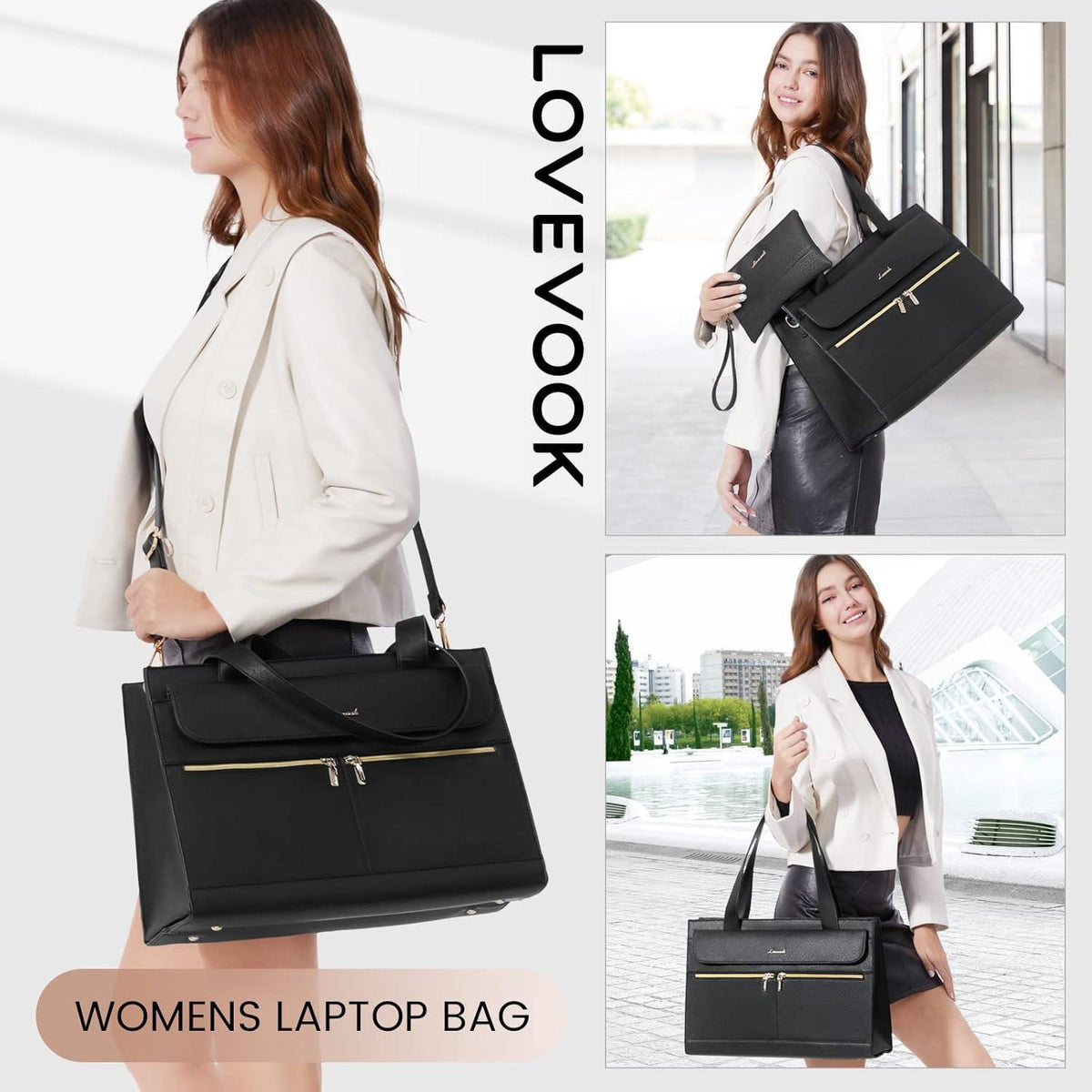 Laptoptasche Damen 15,6 Zoll Shopper Tasche Schwarz mit Clutch