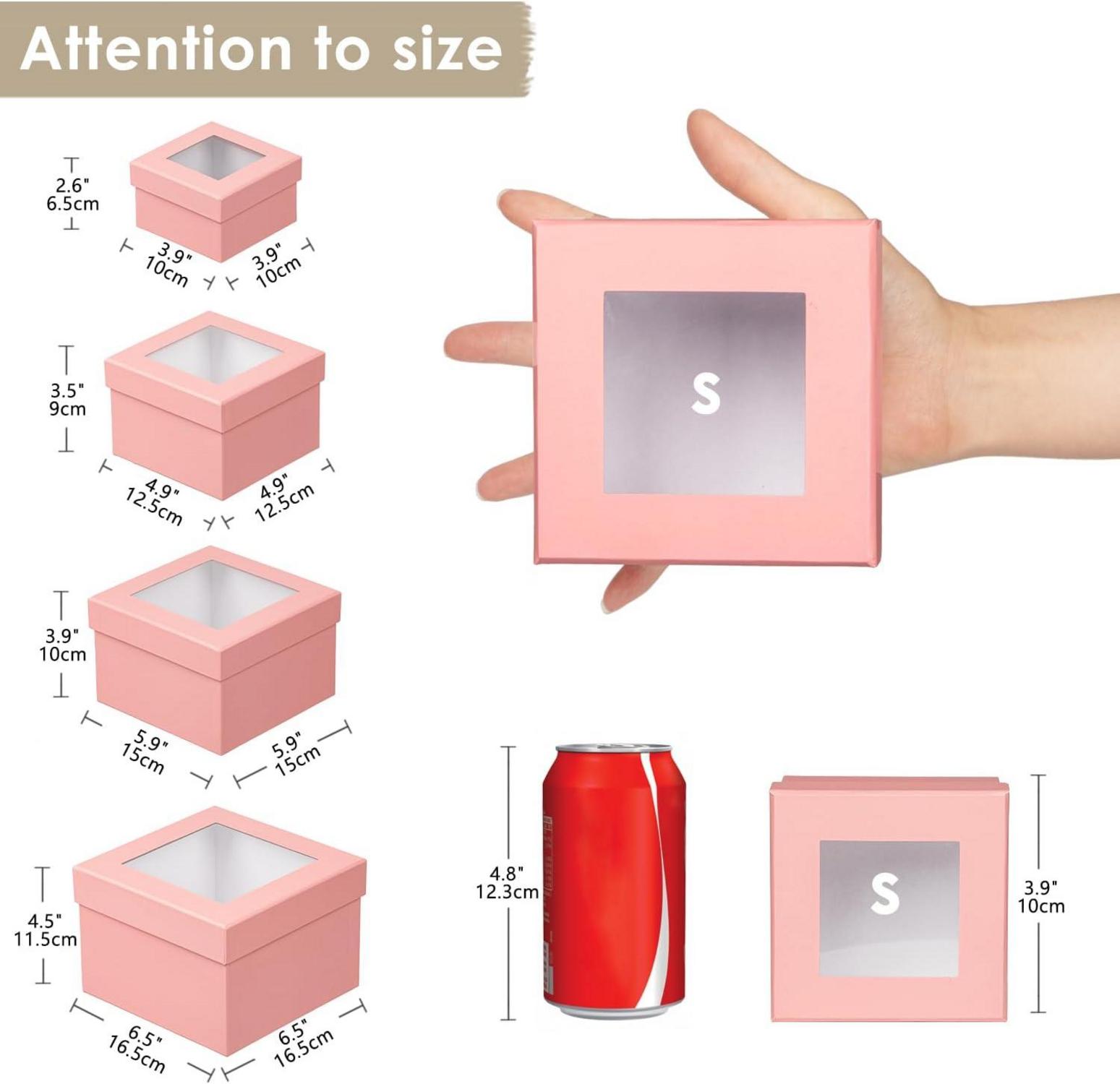 Quadratische Geschenkboxen mit Sichtfenster, 4er Set - Rosa