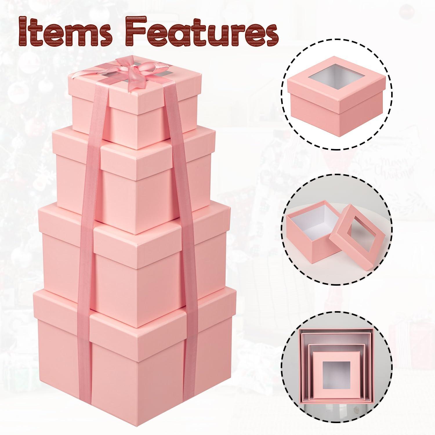 Quadratische Geschenkboxen mit Sichtfenster und Deckel, 4er Set