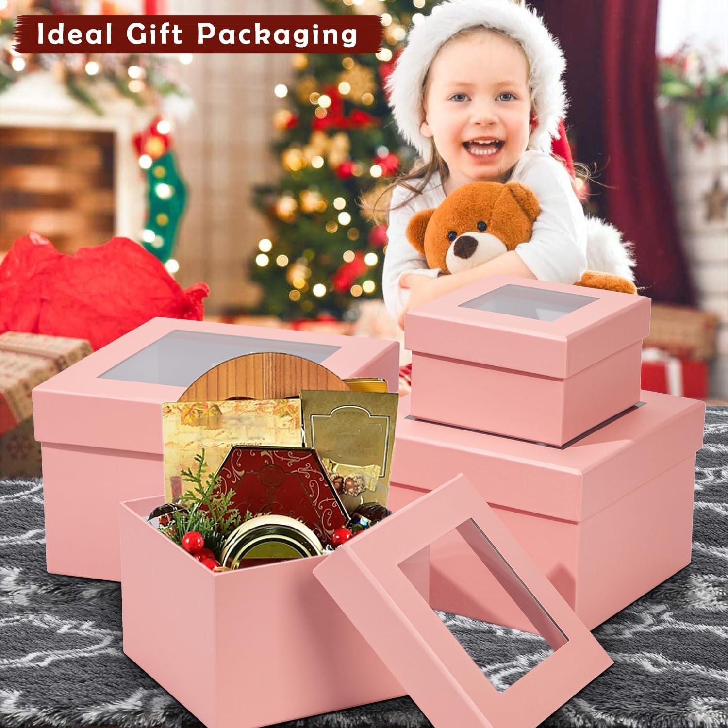 Quadratische Geschenkbox mit Sichtfenster 4er Set Aufbewahrungsbox Rosa