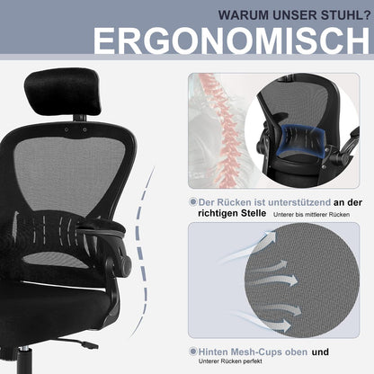 Ergonomischer Bürostuhl mit Lordosenstütze, höhenverstellbar, Schwarz