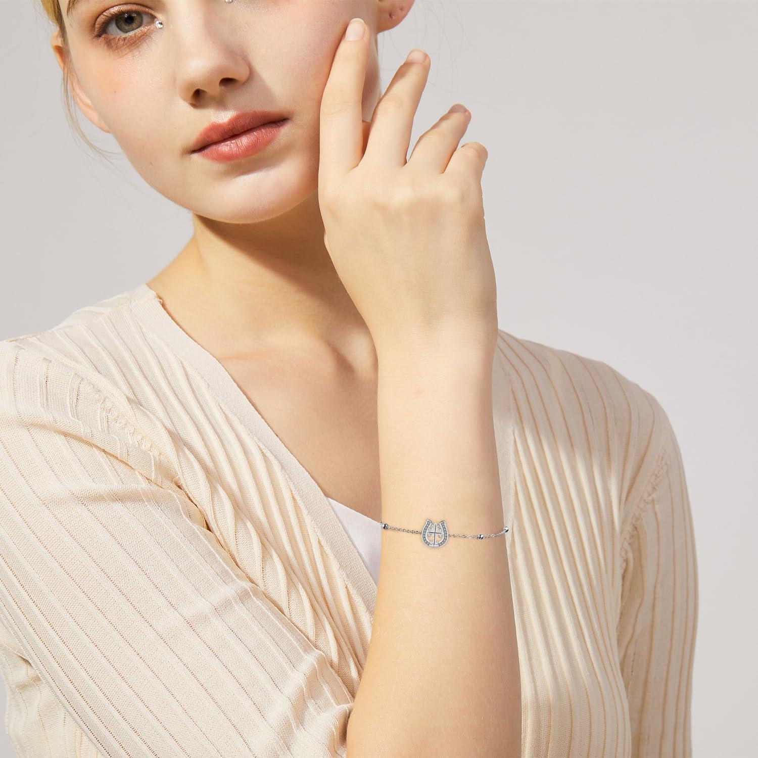 Damen Armband 925 Sterling Silber Hufeisen Kreuz Anhänger