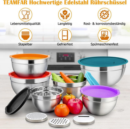 TEAMFAR Edelstahl Rührschüssel Set mit Deckel & Reibeaufsätzen