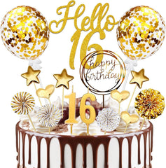 16. Geburtstag Tortendeko Gold Hello 16 Cake Topper mit Kerzen