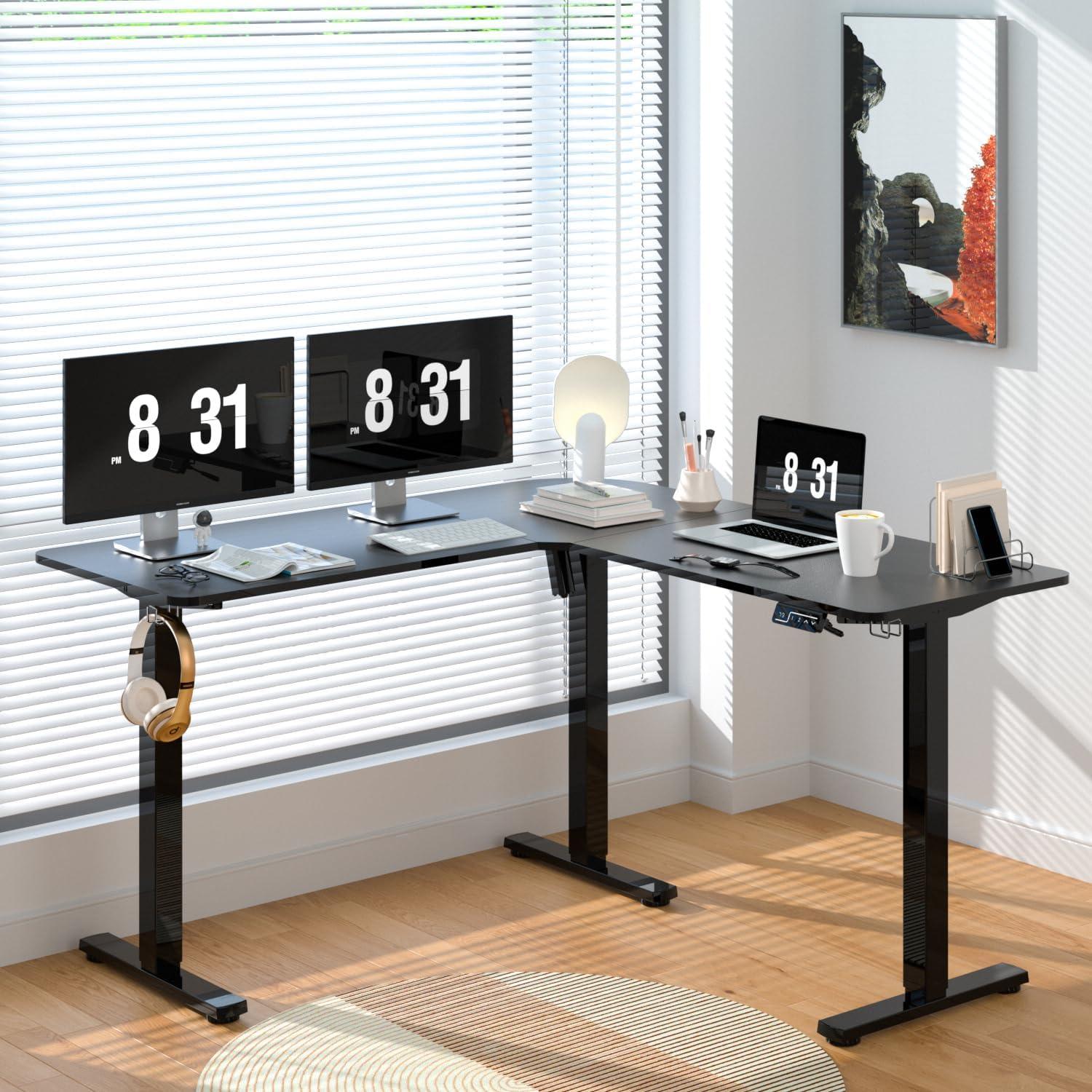 Höhenverstellbarer L-Form Schreibtisch Elektrisch Schwarz 129x50cm
