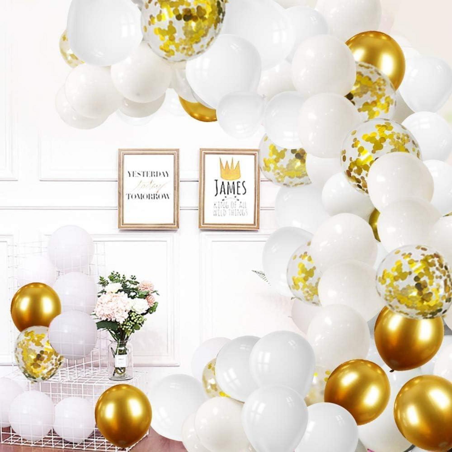 60x Gold Metallic Luftballons Konfetti Weiß Geburtstag Hochzeit Silvester