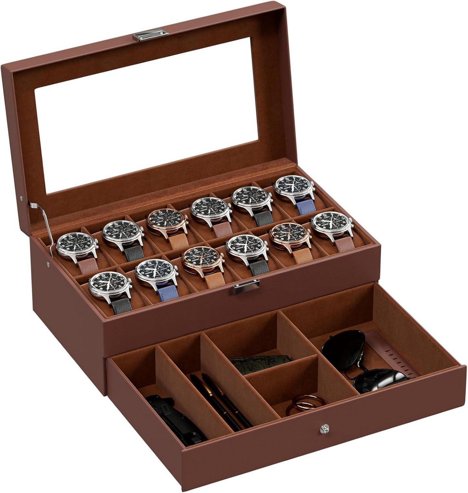 Uhrenbox mit Glasdeckel und 12 Fächern - Espresso Uhrenkoffer