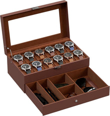 Uhrenbox mit Glasdeckel und 12 Fächern - Espresso Uhrenkoffer