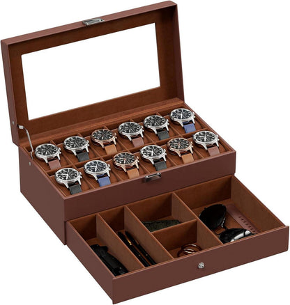 Uhrenbox mit Glasdeckel und 12 Fächern - Espresso Uhrenkoffer