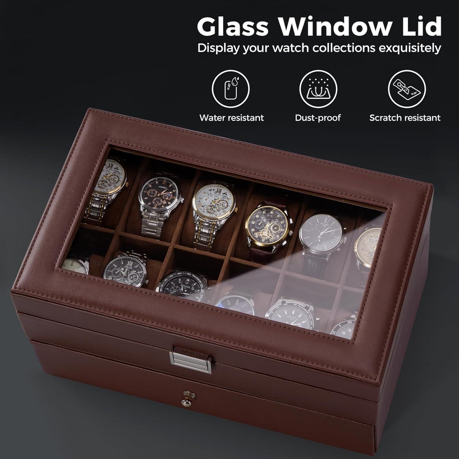 Uhrenbox mit Glasdeckel und 12 Fächern - Espresso Uhrenkoffer