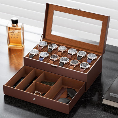 Uhrenbox mit 12 Fächern und Glasdeckel - Espresso 12-Slot