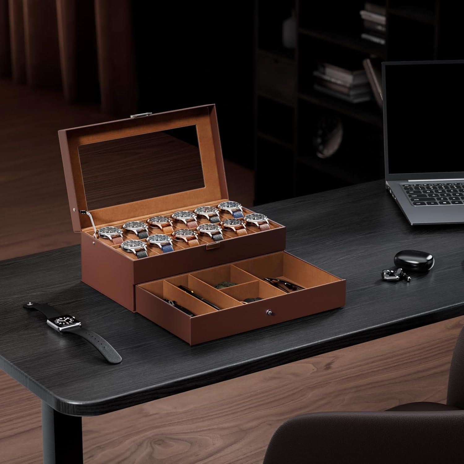 Uhrenbox für 12 Uhren-Glasdeckel 2 Ebenen Espresso Uhrenkoffer