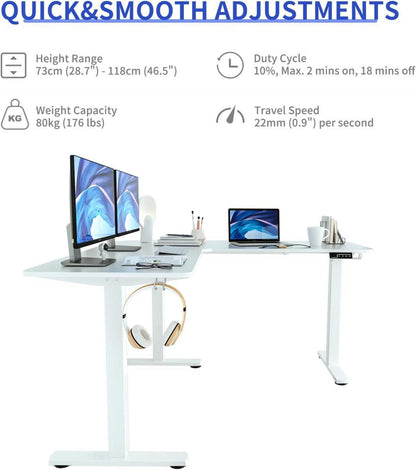 Höhenverstellbarer Schreibtisch L-Form Elektrisch Weiß 129x50cm