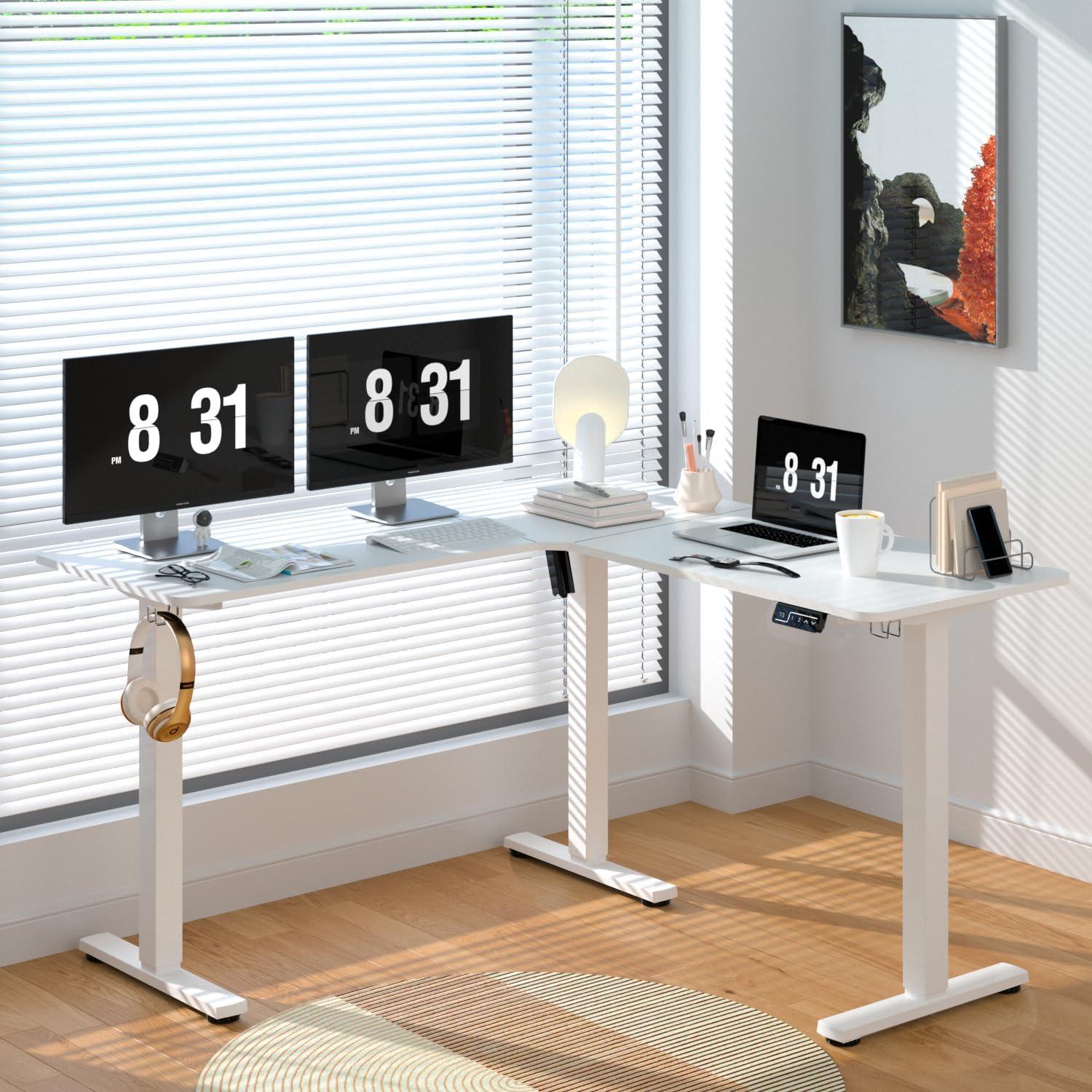 Höhenverstellbarer Eckschreibtisch L-Form Elektrisch Weiß 129x50cm