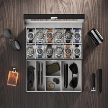Uhrenbox für 12 Uhren mit Glasdeckel und 2 Ebenen - Schwarz