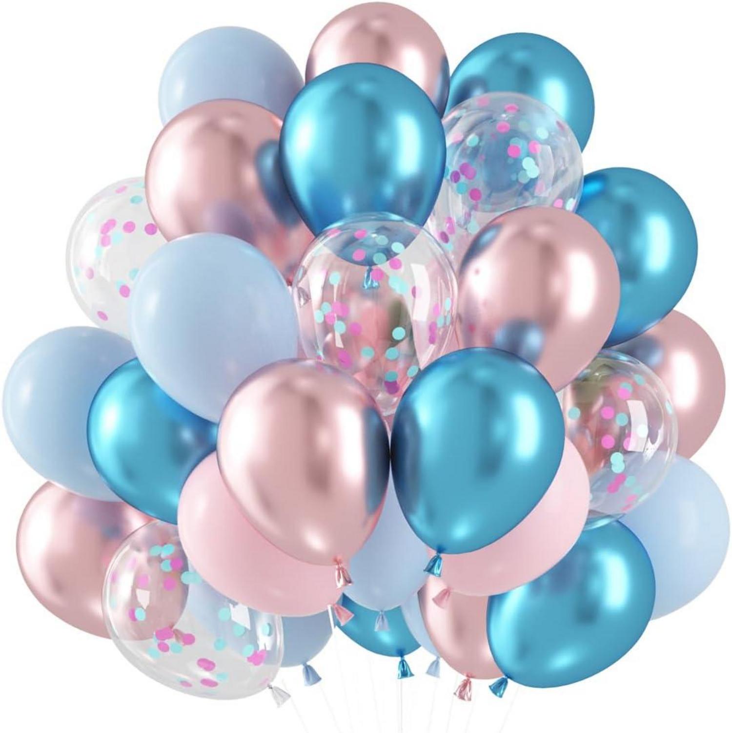 Gender Reveal Luftballons Set Macaron Rosa Blau Metallic Konfetti - 60