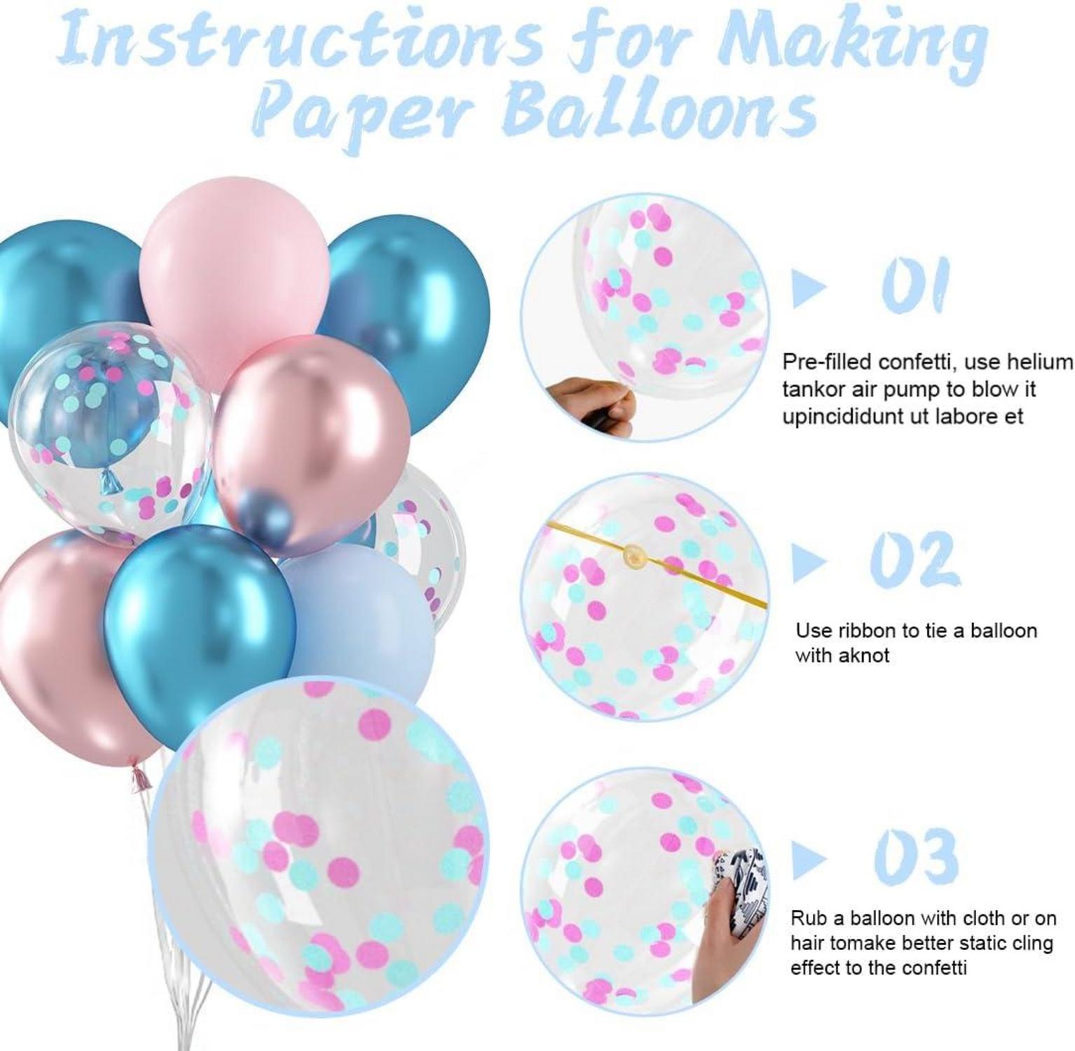 Gender Reveal Luftballons Set Macaron Rosa Blau Metallic Konfetti - 60
