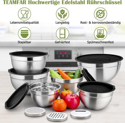TEAMFAR Rührschüssel Set Edelstahl Schwarz Stapelbar 6erø 4,6L/2,8L/2,5L/1,6L/1,2L/0,7L