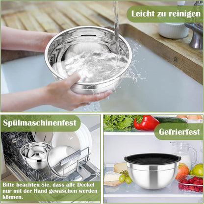 Edelstahl Rührschüssel Set mit Deckel, 3 Reibenaufsätzen, Schwarz, 6er Set