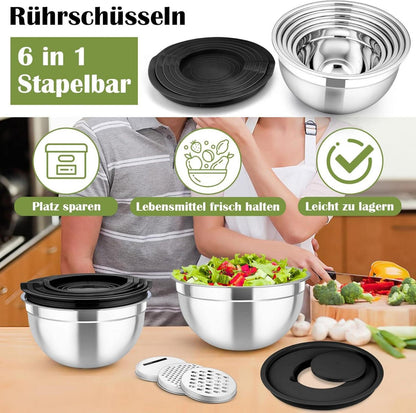 Rührschüssel Set Edelstahl mit Deckel & 3 Reibeaufsätzen 6er Schwarz