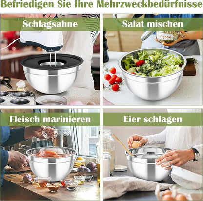 Edelstahl Rührschüssel Set mit Deckel, 3 Reibenaufsätzen, Schwarz, 6er Set