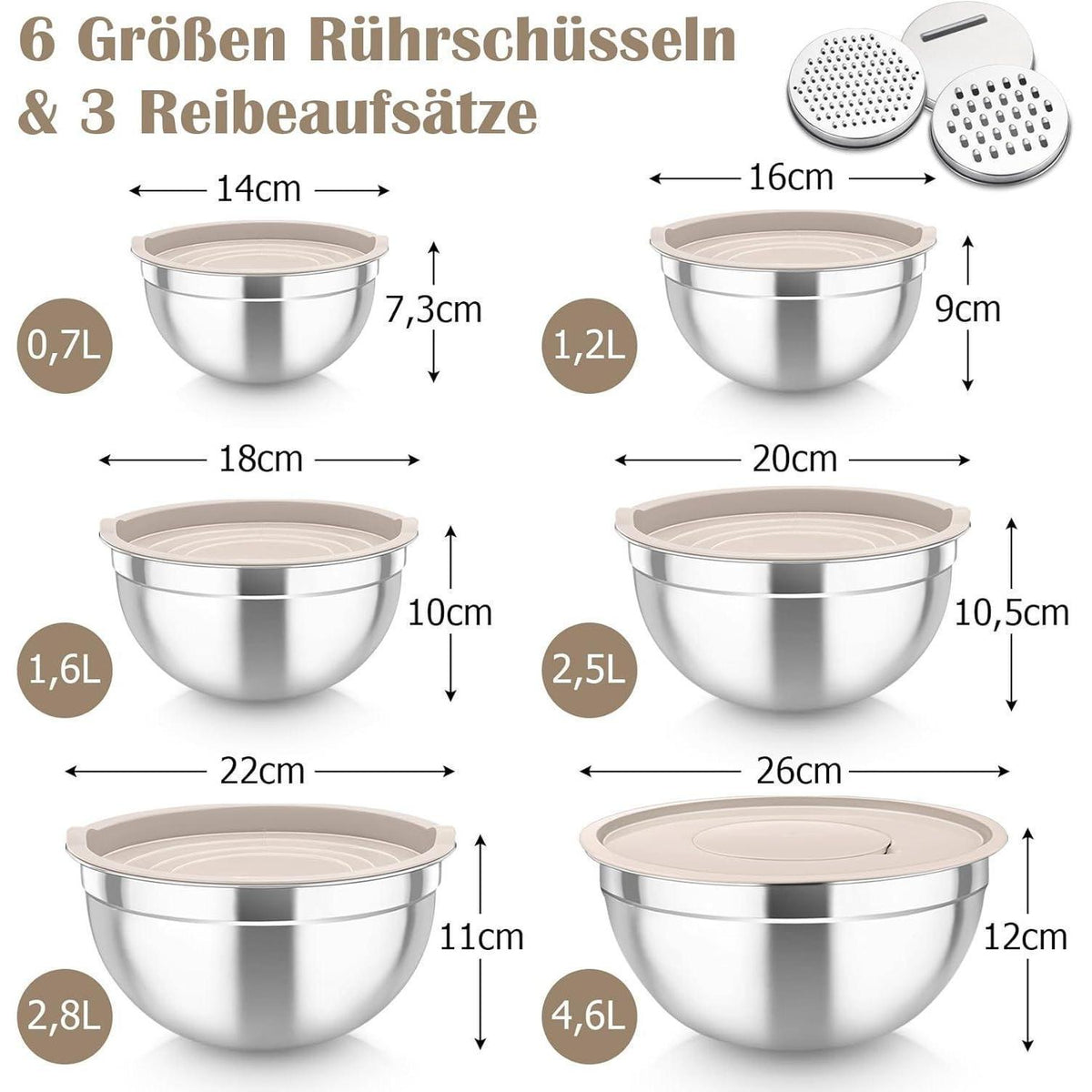 Edelstahl Rührschüssel Set mit Deckel & Reibeaufsätzen