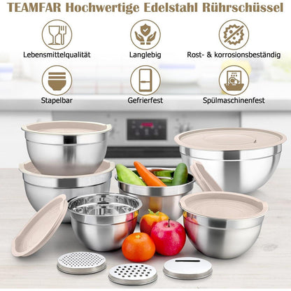 Edelstahl Rührschüssel Set mit Deckel & Reibeaufsätzen