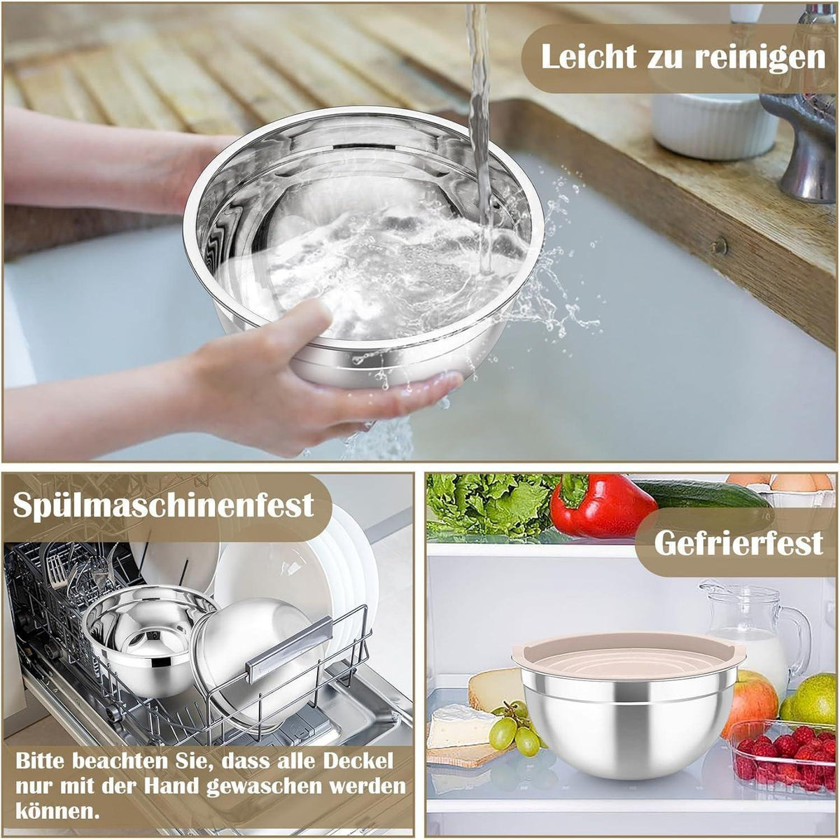 Edelstahl Rührschüssel Set mit Deckel & Reibeaufsätzen