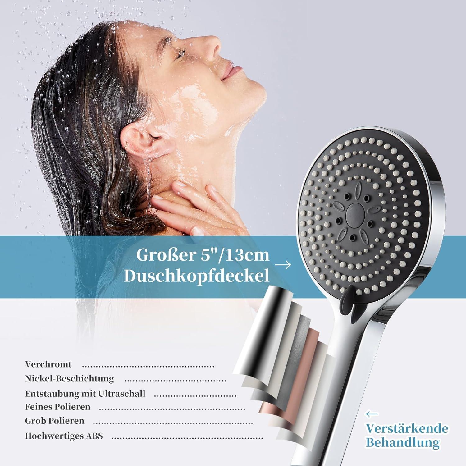 Duschkopf Groß mit 6 Strahlarten für Baden, Wassersparend, Chrom