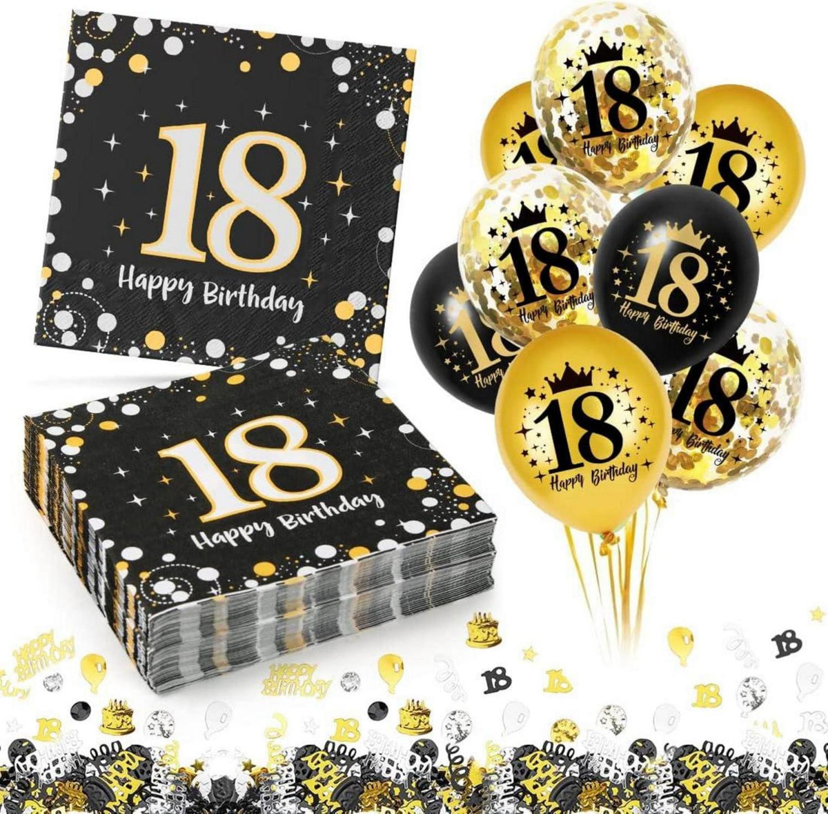 18. Geburtstag Deko Servietten 30 Stück Schwarz Gold Luftballons
