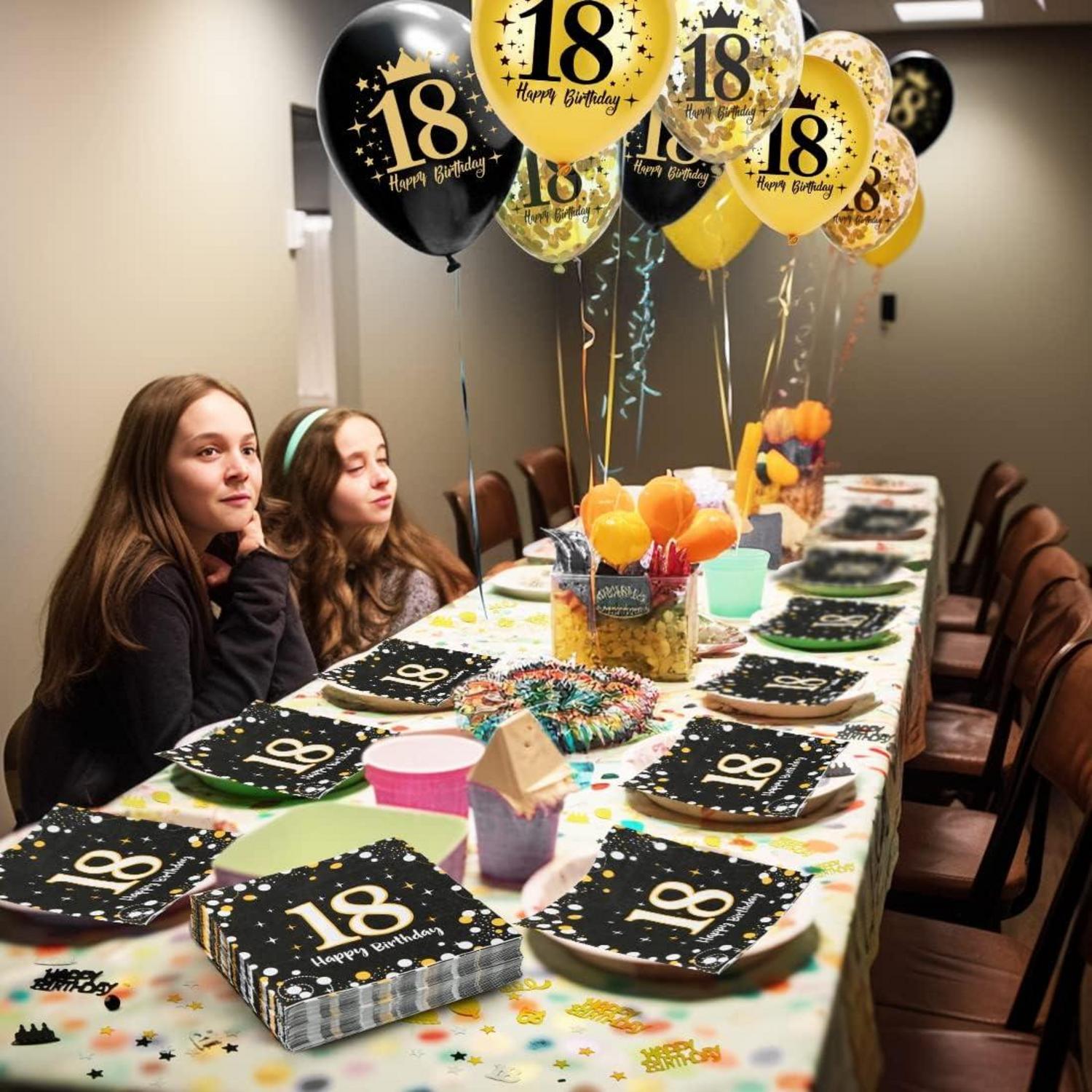 Servietten 18. Geburtstag Deko Set Schwarz Gold Luftballons Konfetti