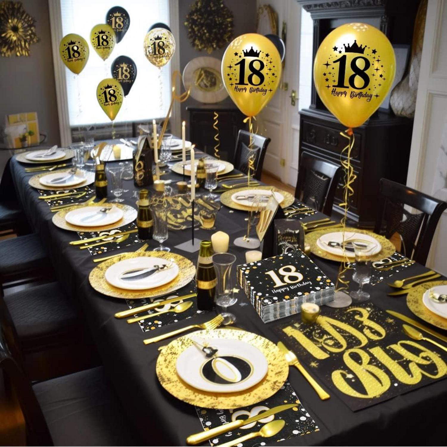 18. Geburtstag Deko Servietten Set 30 Stück Schwarz Gold Luftballons Konfetti