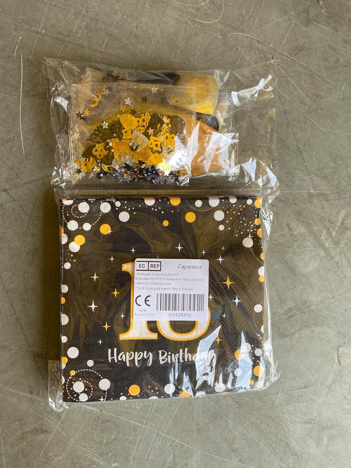 18. Geburtstag Deko Servietten Set Schwarz Gold Luftballons Konfetti 33x33cm