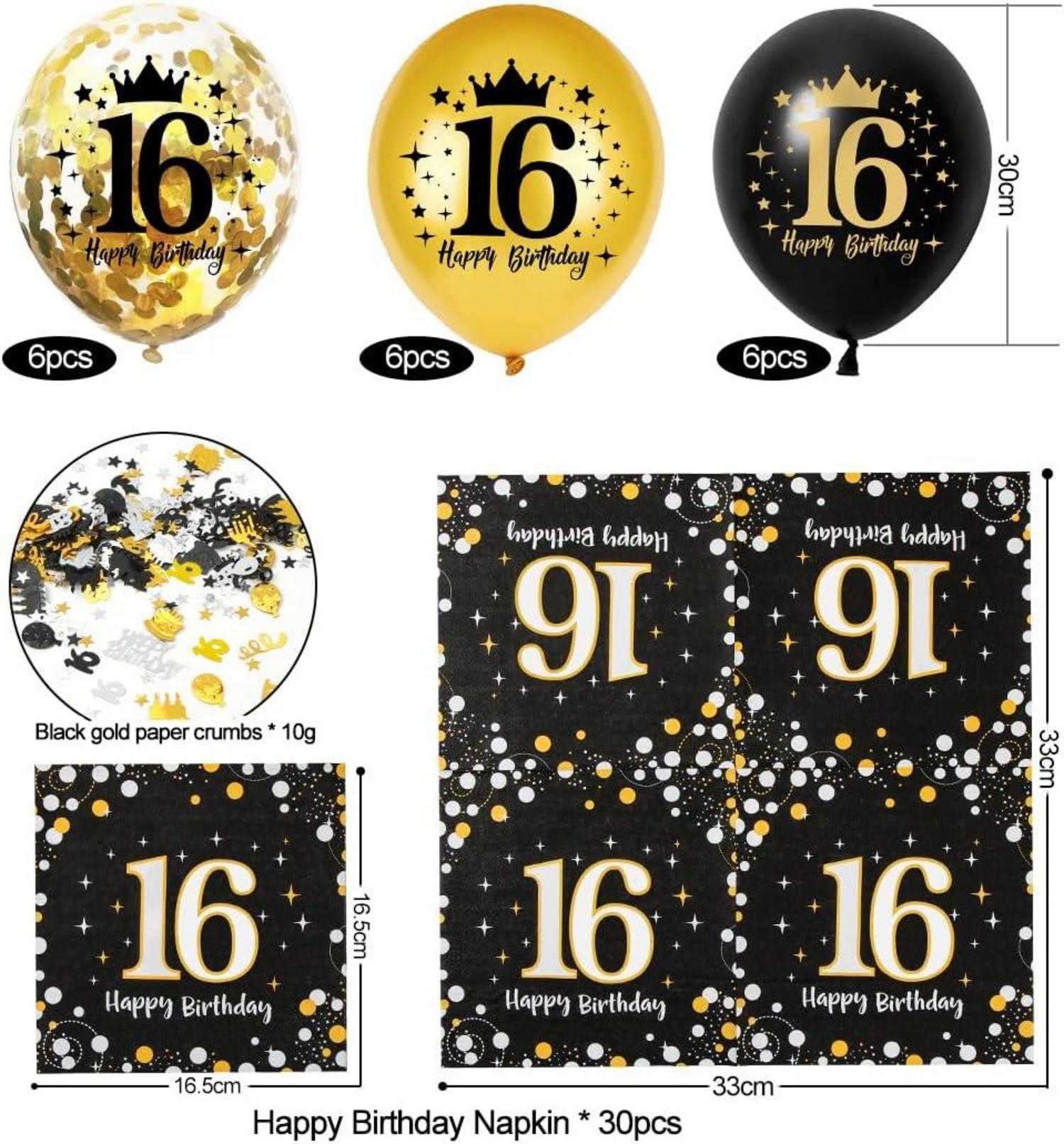 16. Geburtstag Deko Servietten Set Schwarz Gold Luftballons