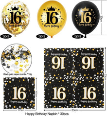 16. Geburtstag Deko Servietten Set Schwarz Gold Luftballons
