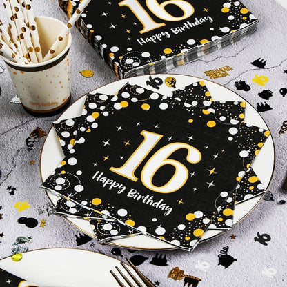 16. Geburtstag Deko Servietten Schwarz Gold Luftballons Konfetti Set