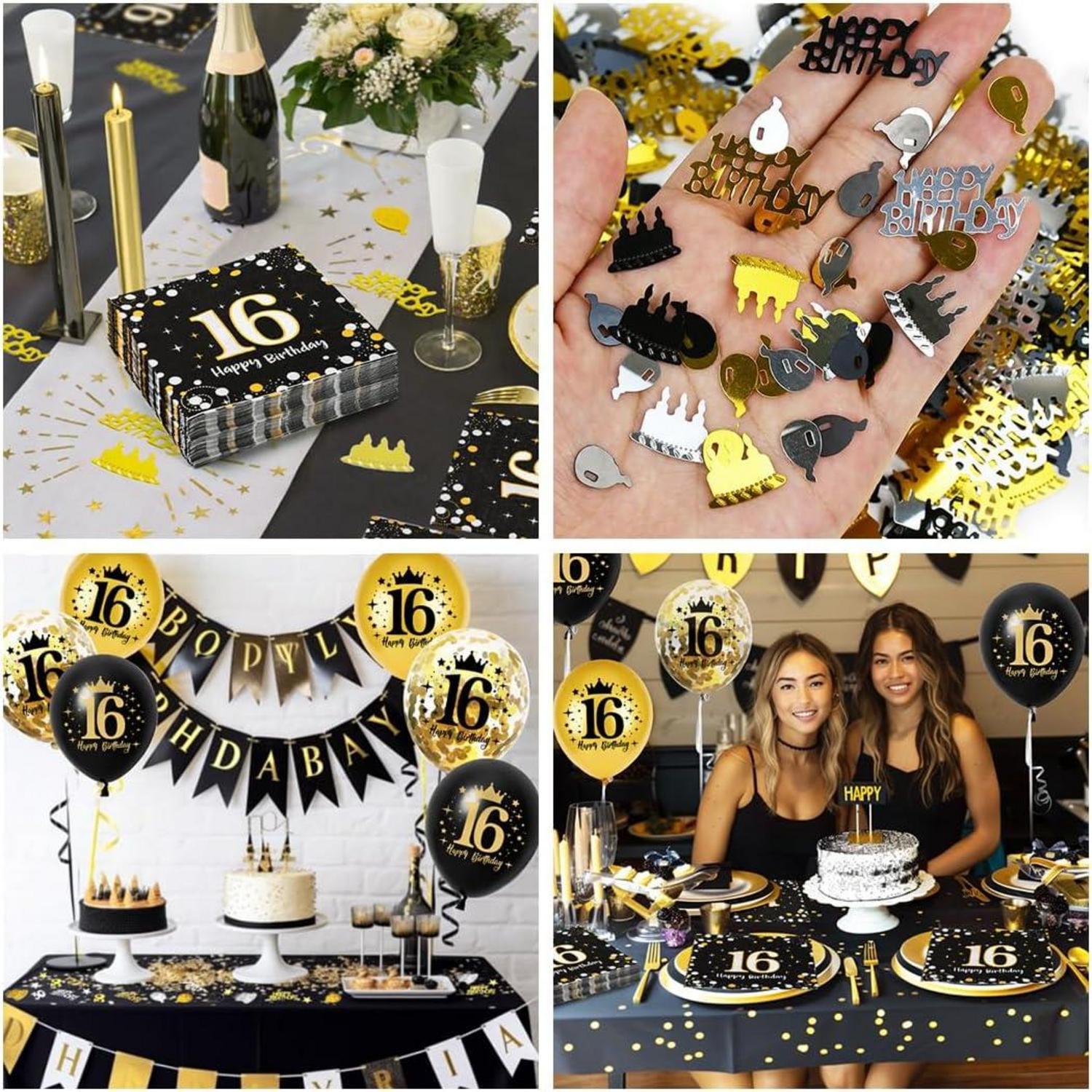 16. Geburtstag Servietten Set Schwarz Gold Luftballons Konfetti