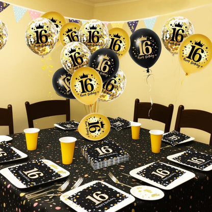 16. Geburtstag Servietten Set Schwarz Gold Luftballons Konfetti