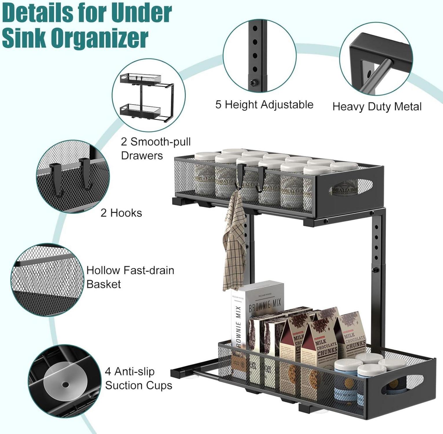 Housolution Spülschrank Organizer 2 Etagen Metall Ausziehbar Unter Waschbecken Regal Schiebeschubladen Unter Spüle Spülenunterschrank Organizer
