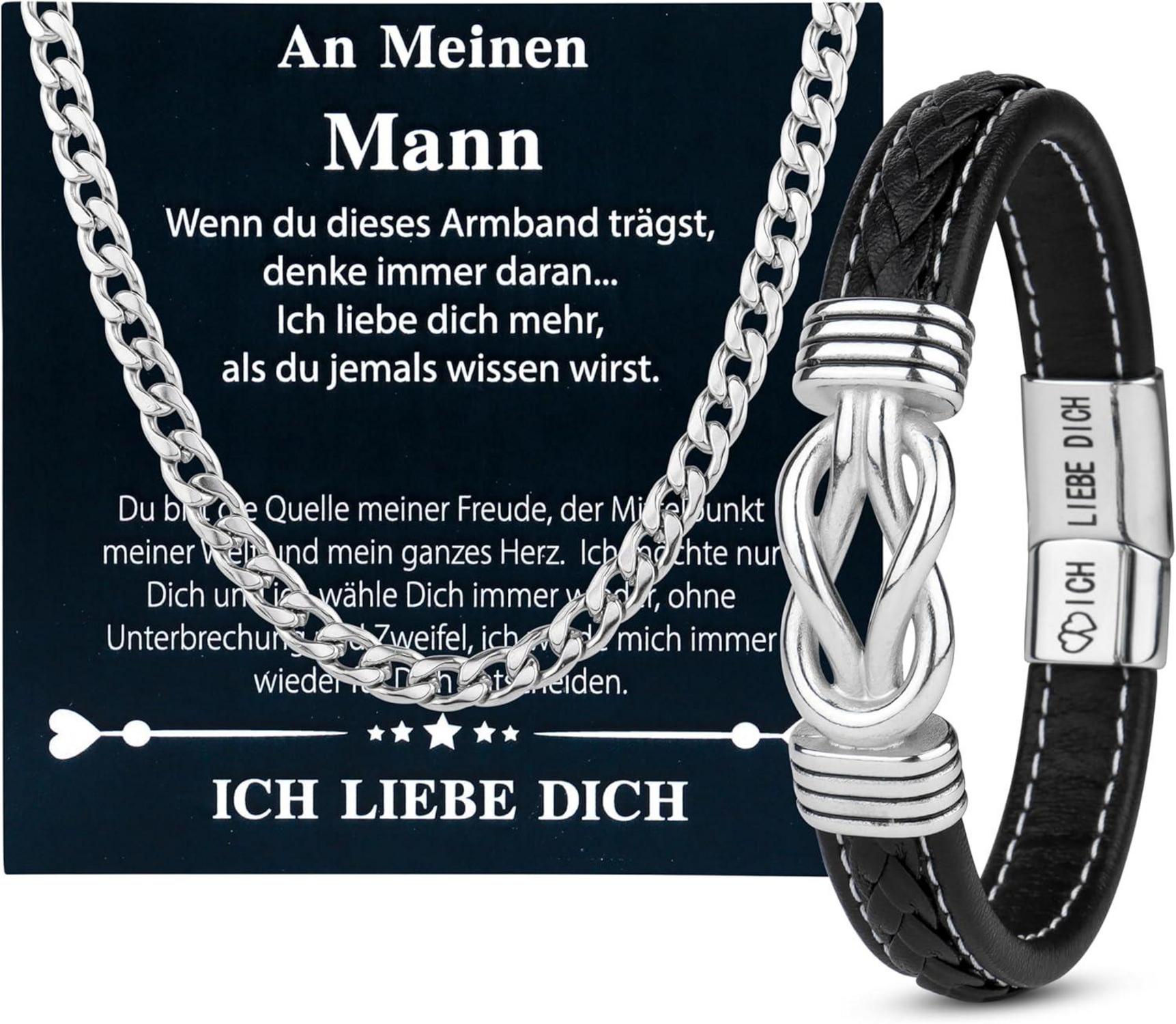 Lederarmband und Halskette Set Geschenke für Männer/Papa, Schwarz