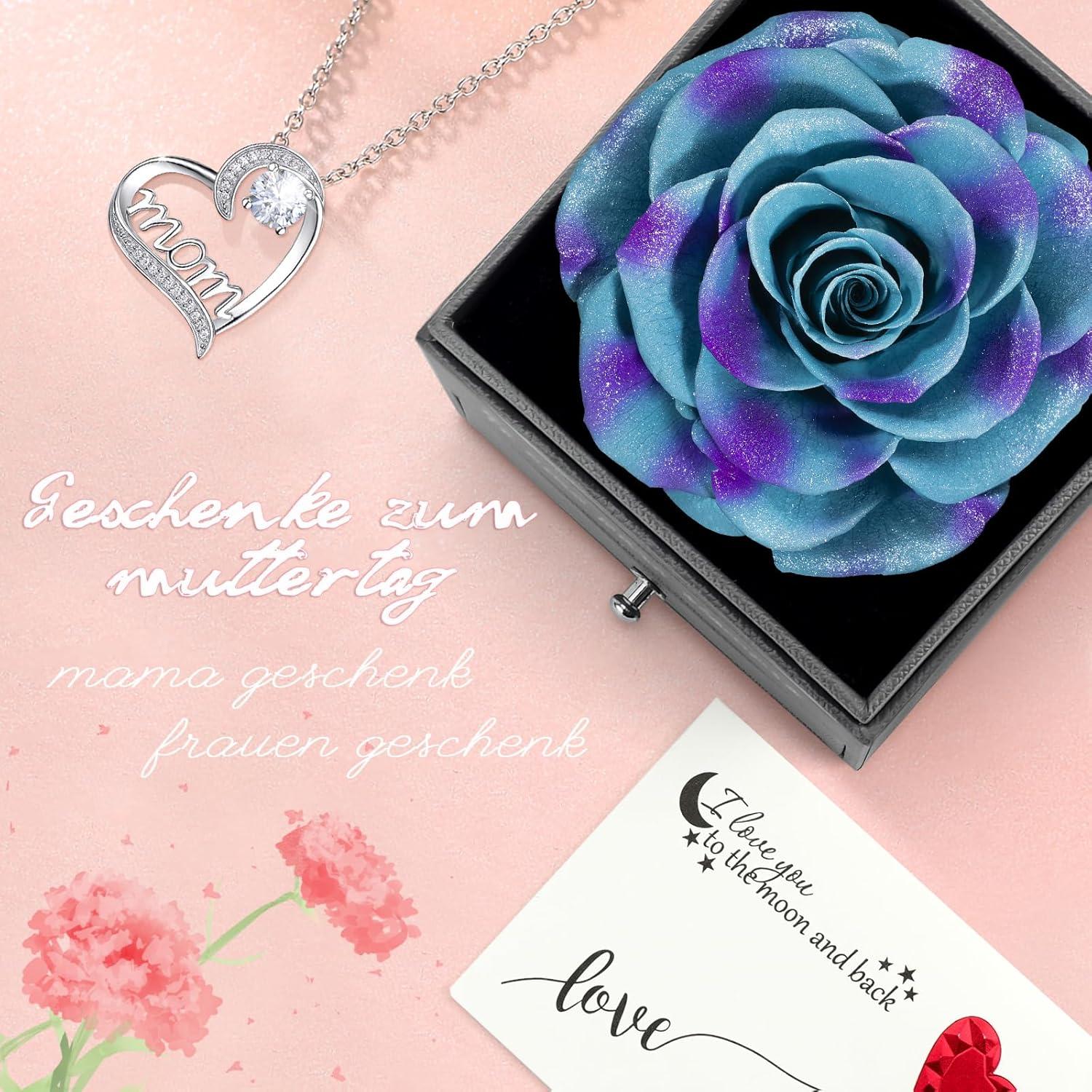 Muttertag Geschenkset Ewige Rose mit Halskette, Beste Mama der Welt, Geschenkbox & Geschenktüte