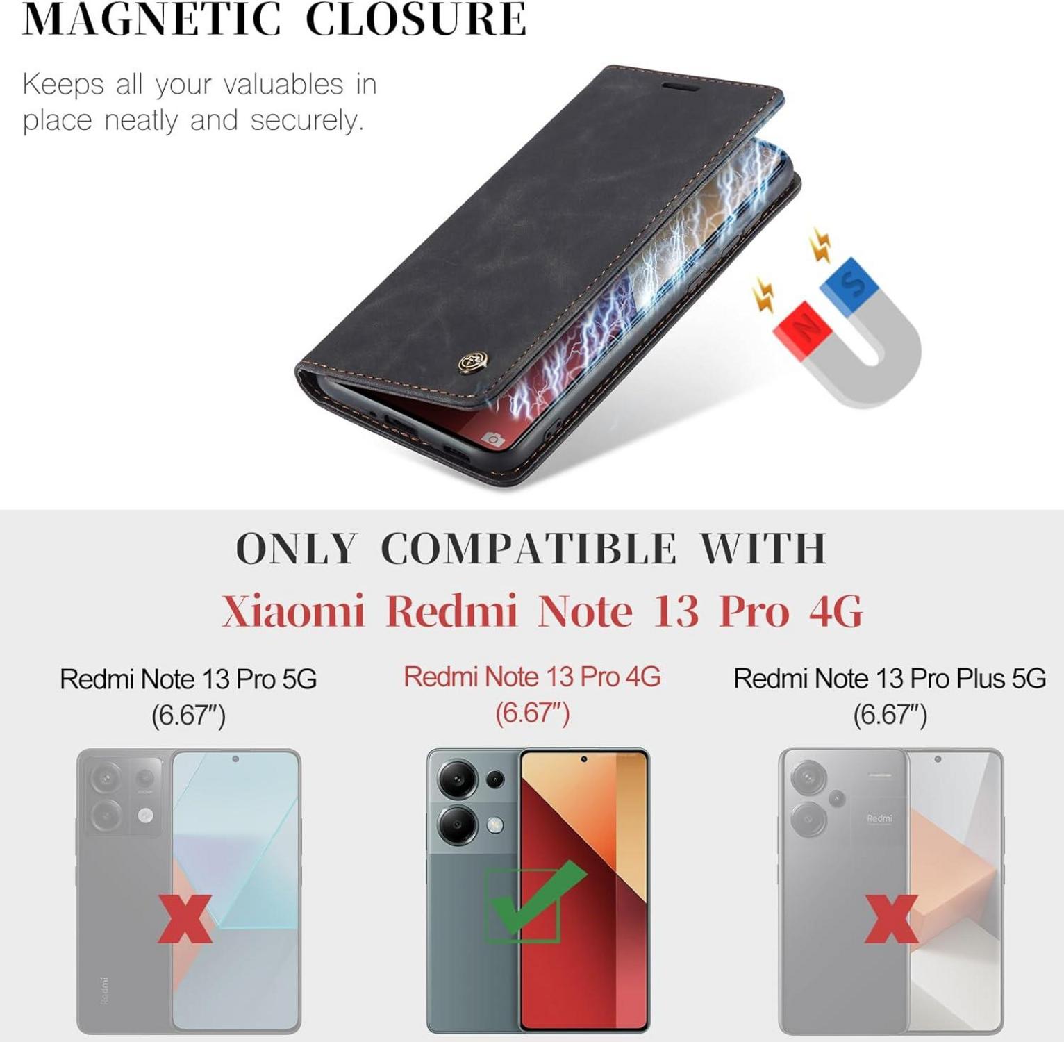 Schwarze Premium Leder Handyhülle für Xiaomi Redmi Note 13