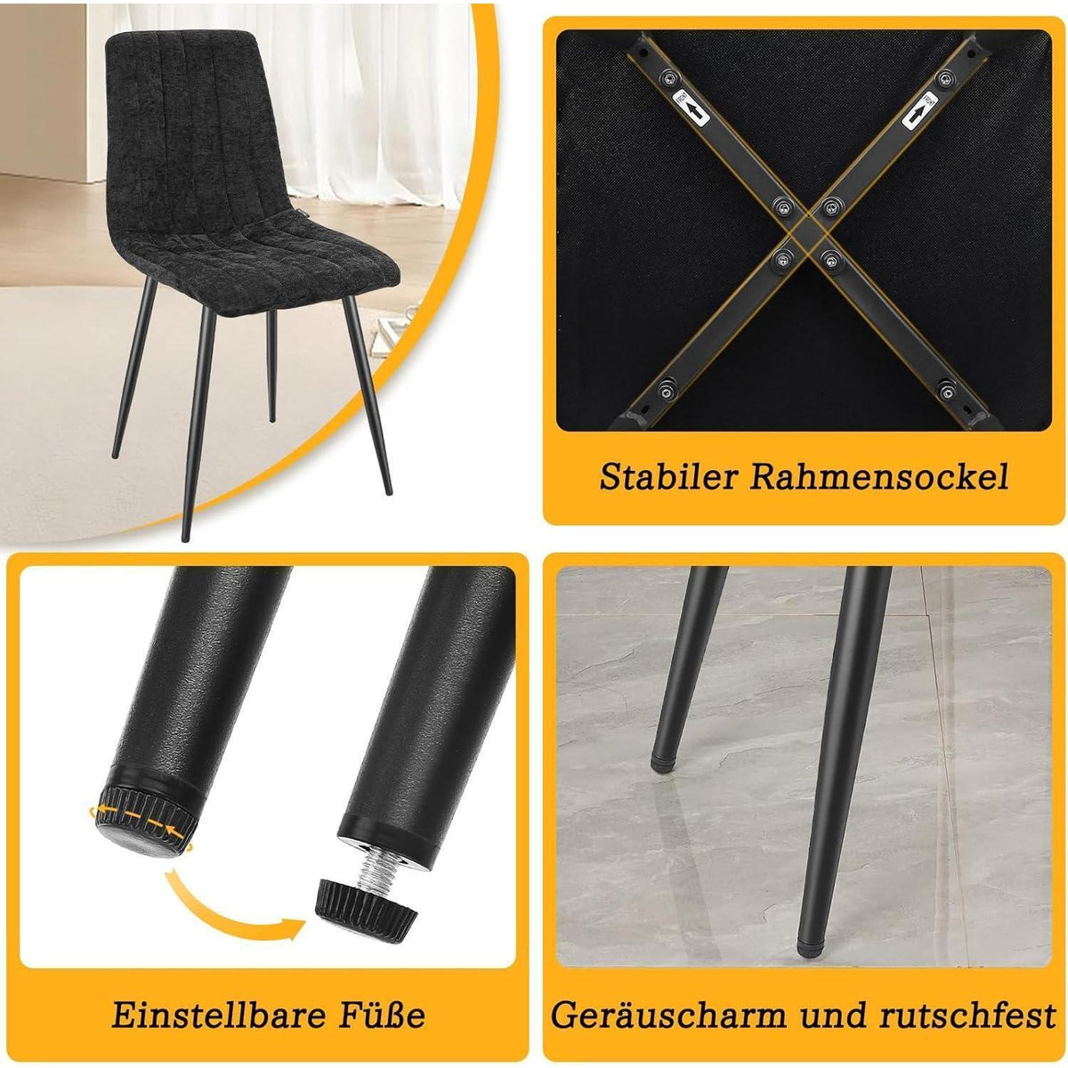8x Esszimmerstühle Gepolstert, Schwarze Metallfüße & Hohe Rückenlehne