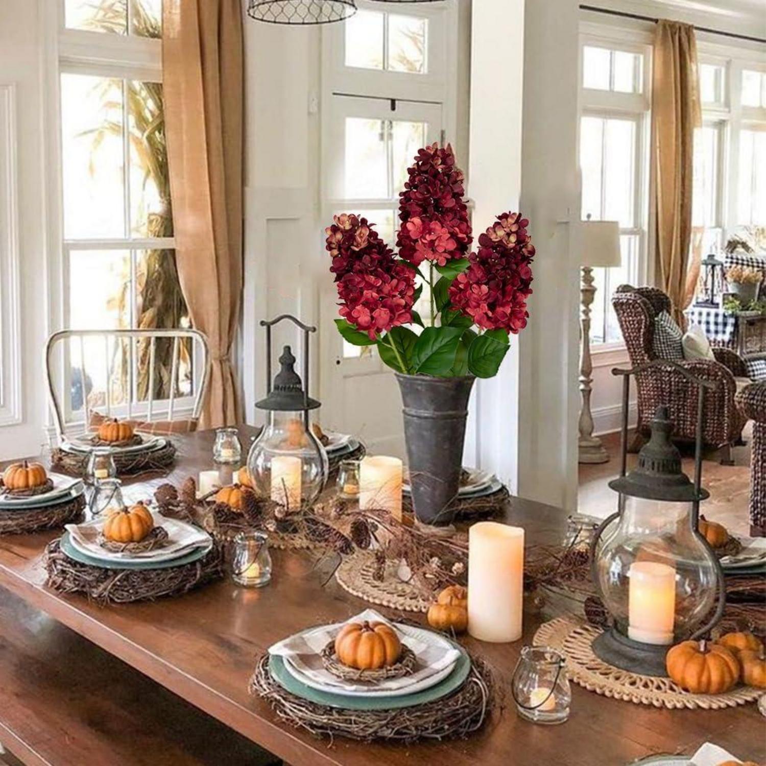 Künstliche Hortensien Kunstblumen Set 73CM Dunkelrote Deko Blumen Rispenhortensie