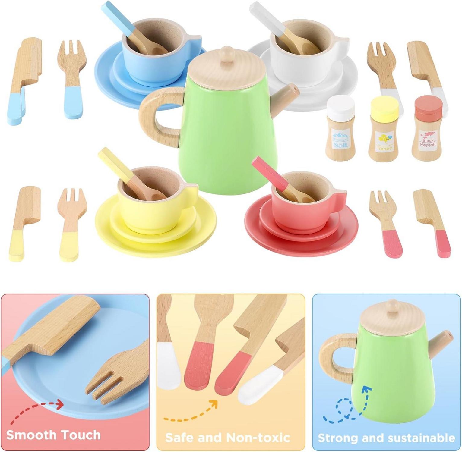 Holz Geschirrset Kinder Teeservice Spielküche Zubehör
