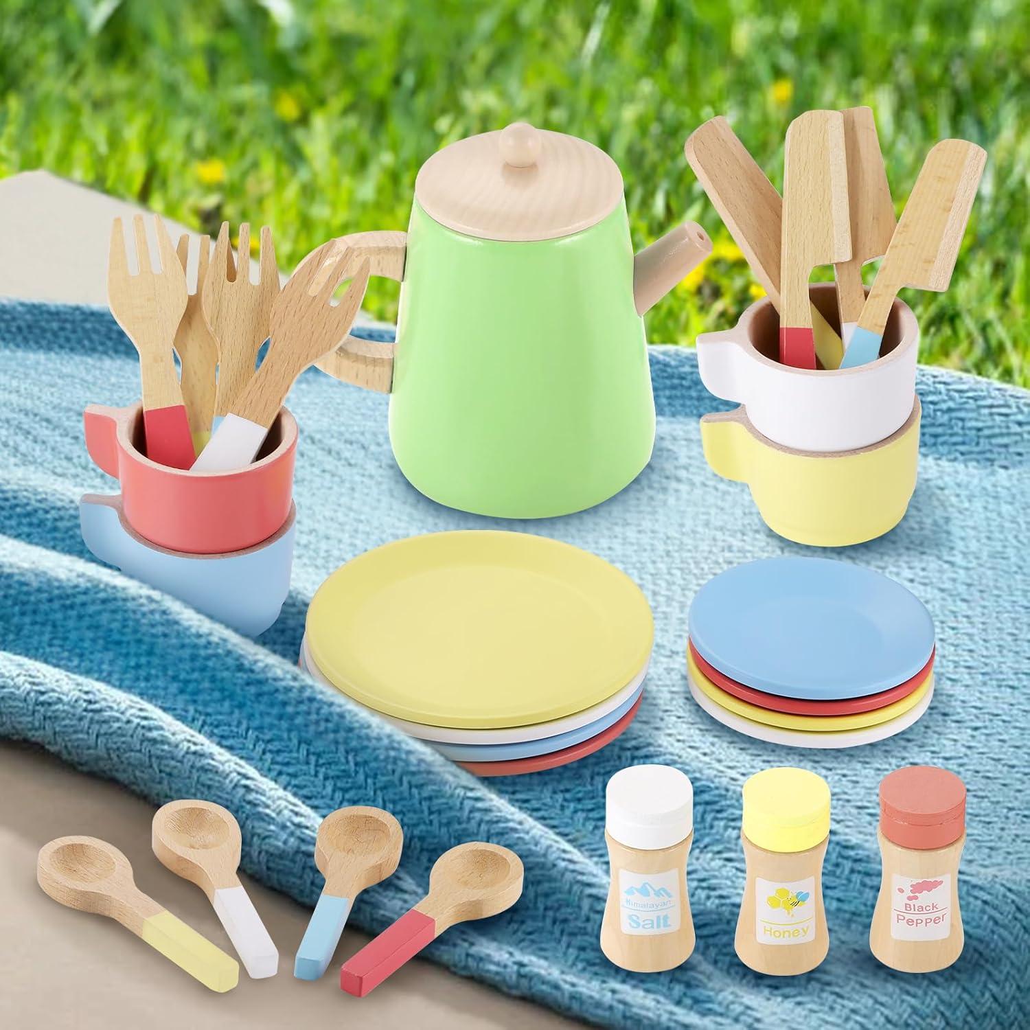 Holz Tee-Set Kinderküche Zubehör - 28-teilig Mädchen Jungen Kinder Holzspielzeug